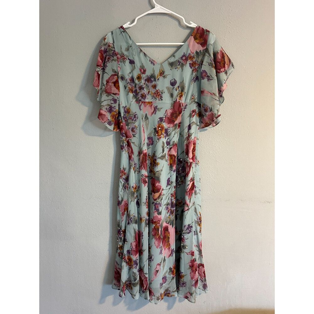 Adrianna Papell 100% Silk Floral Midi Dress Blue Flutter Sleeve Women's 8 - Picture 10 of 11